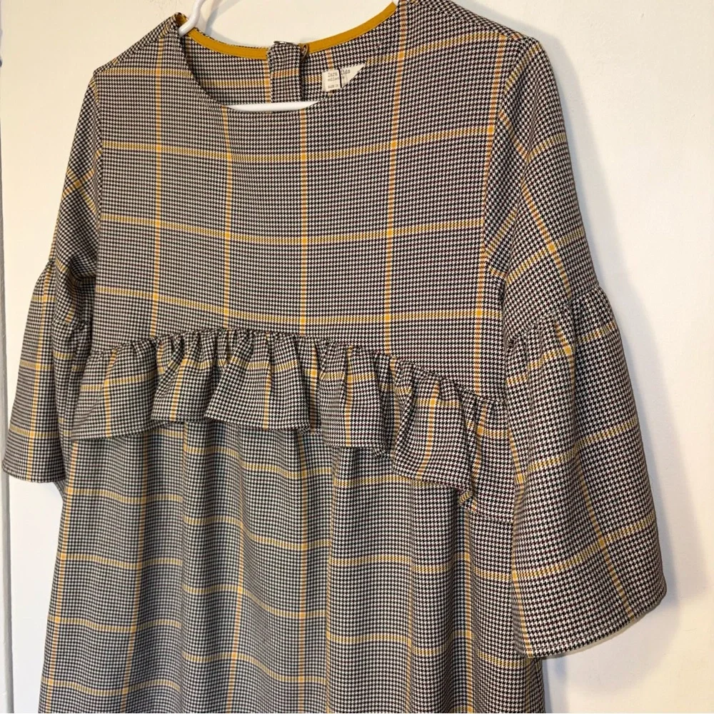 Zara Girls Houndstooth Checked Plaid Bell‎ Sleeve Dress Size 13/14 Mustard/Grey